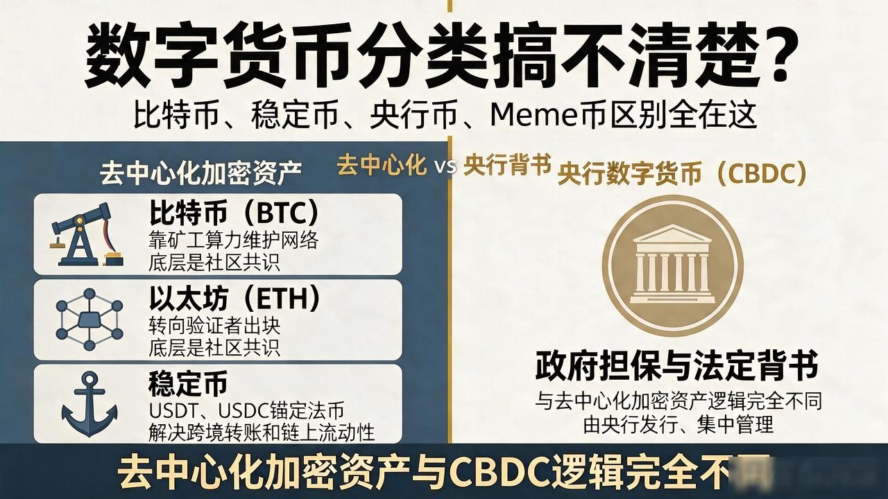数字货币分类搞不清楚？比特币、稳定币、央行币、Meme币区别全在这