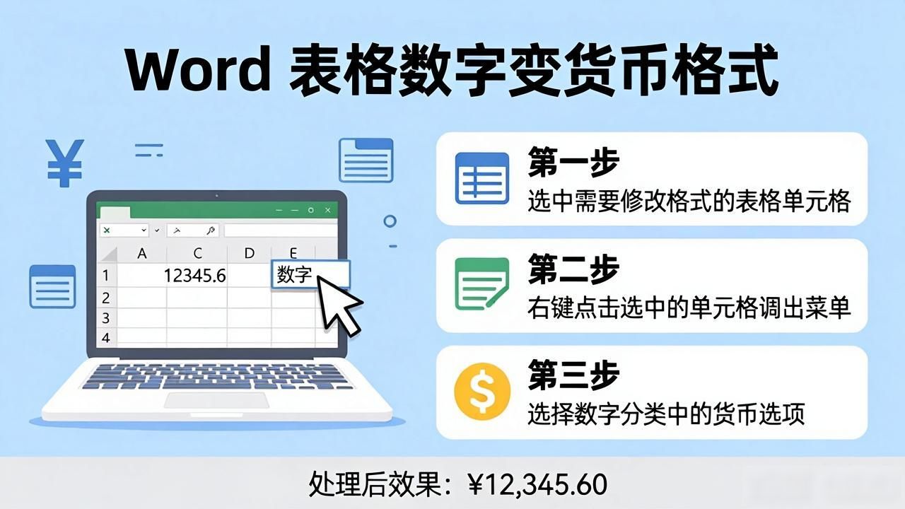 Word表格数字变货币格式，三步搞定财务数据